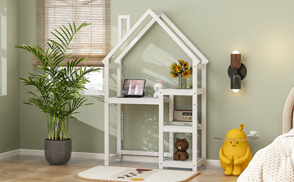House-shaped Wooden writing Desk,Kids study Table,Bookshelf & Toy Storage,White