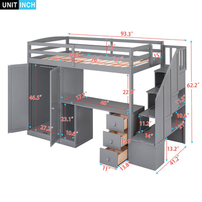 Twin Size Loft Bed with Wardrobe and Staircase  Desk and Storage Drawers and Cabinet in 1 Gray