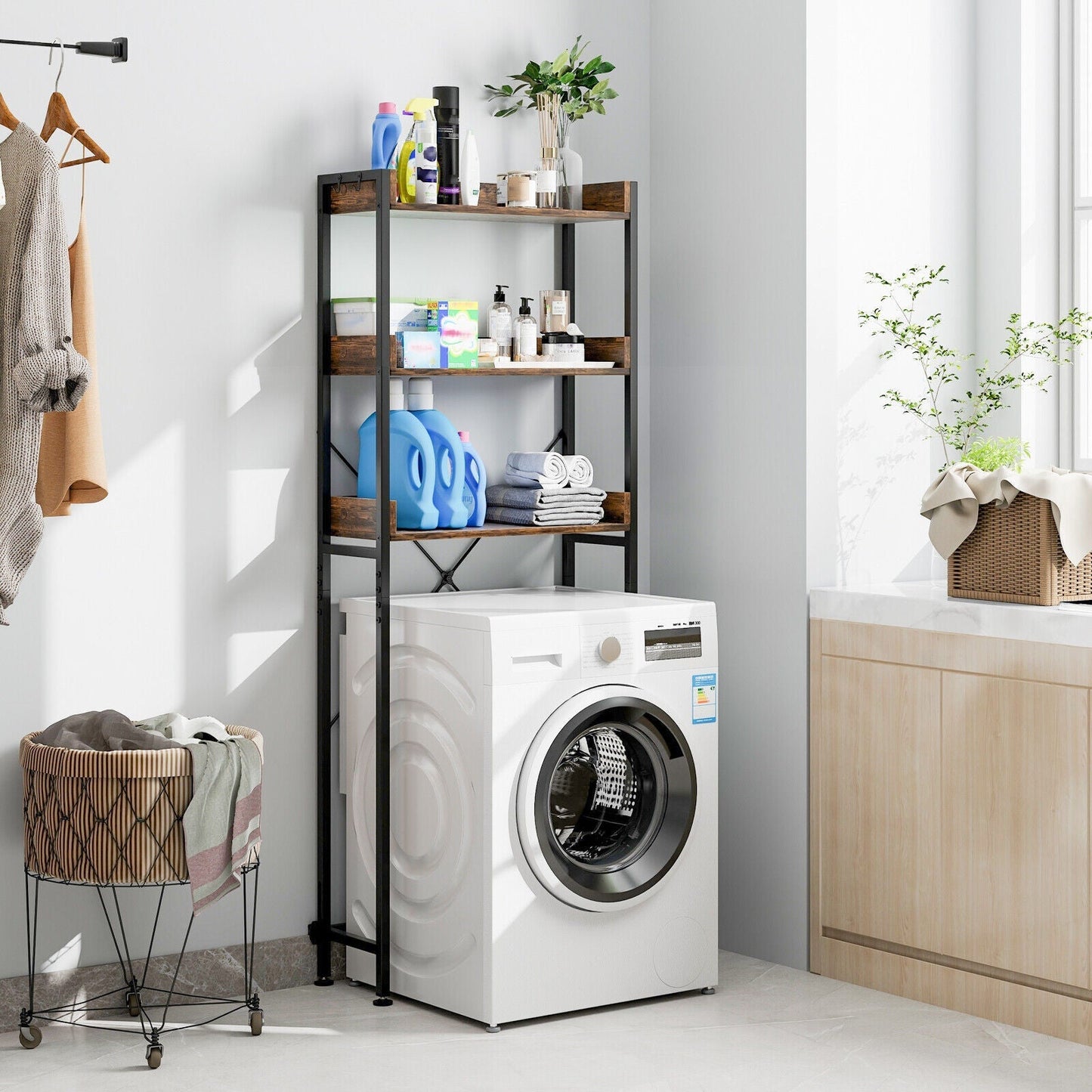 Over The Toilet Storage Rack with Hooks and Adjustable Bottom Bar