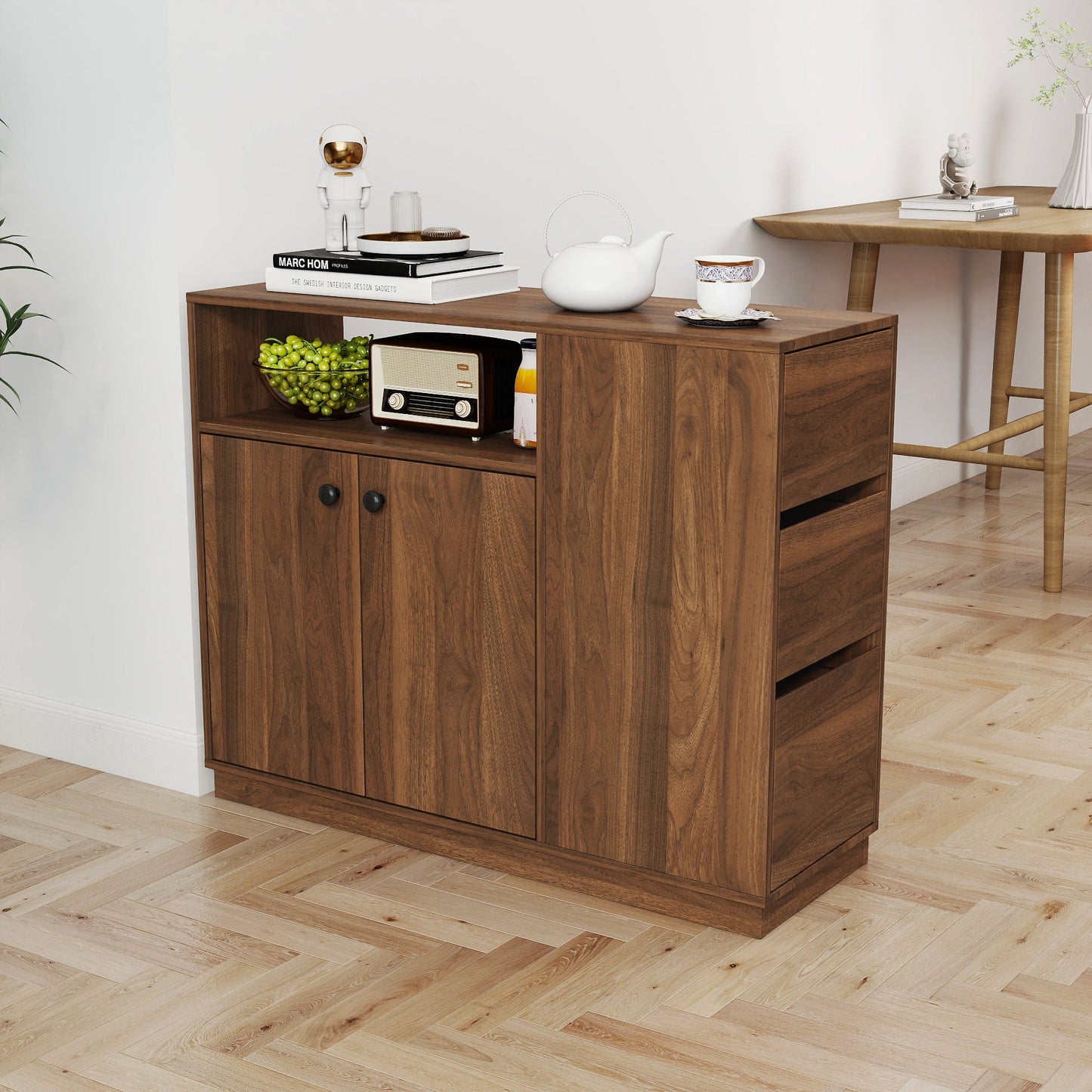 Kitchen Sideboard, Small Countertop Organizer with Sliding Glass Doors and Drawers