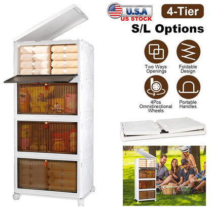 4-Tier Foldable Storage Bins with Lid Front Magnetic Door Collapsible Stackable Closet Organizer Containers with 4Pcs 360¡ Rotatable Wheels