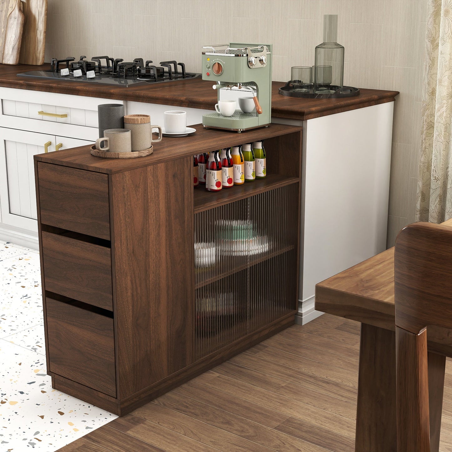 Kitchen Sideboard, Small Countertop Organizer with Sliding Glass Doors and Drawers