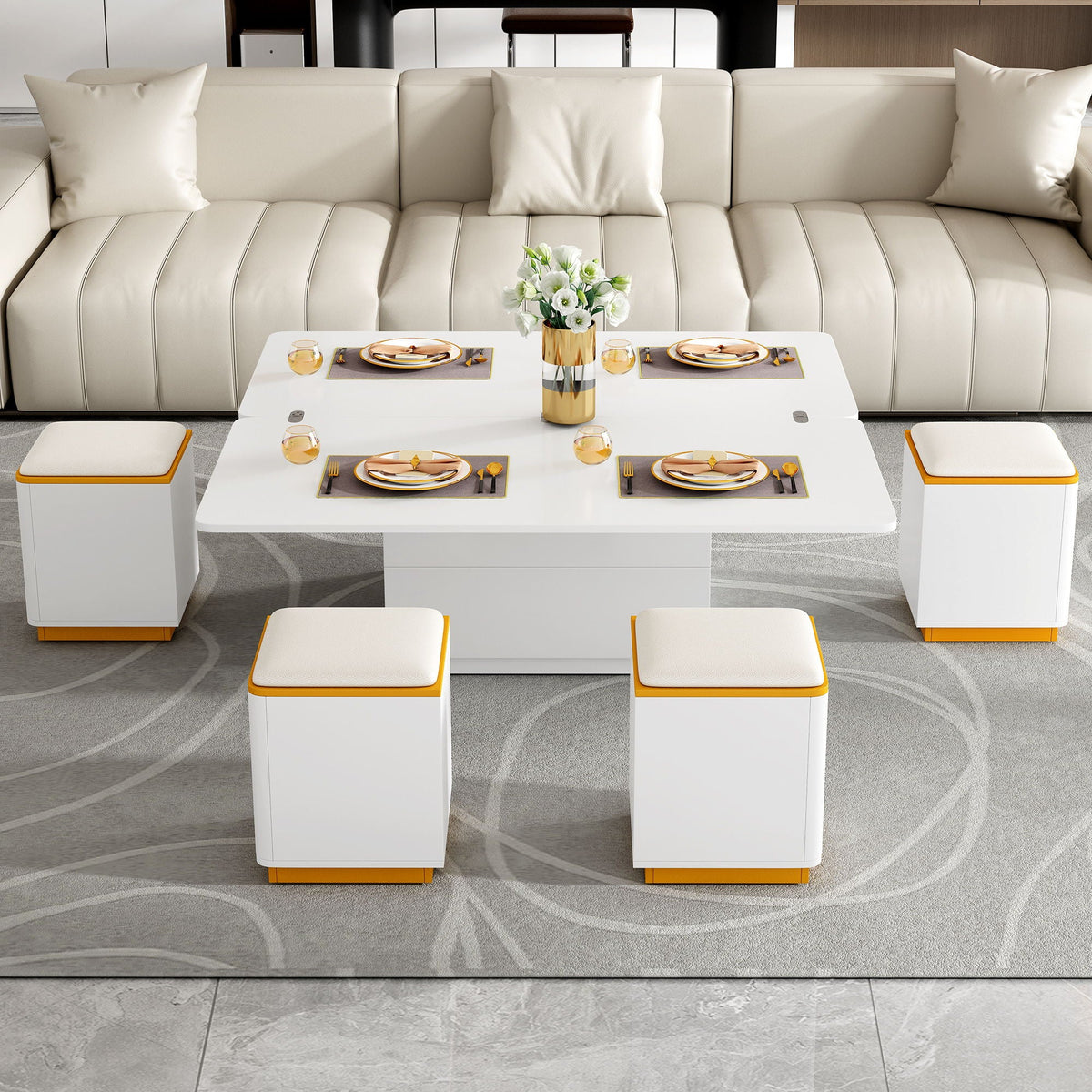 Lift Top Coffee Table With 4 Storage Stools