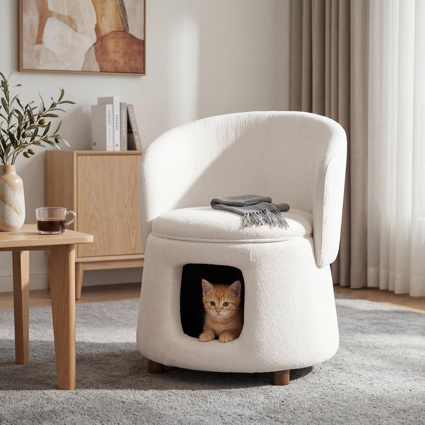 Beige Pet Friendly Chair with Hidden Pet Nook, Convertible Stool, Storage Seat
