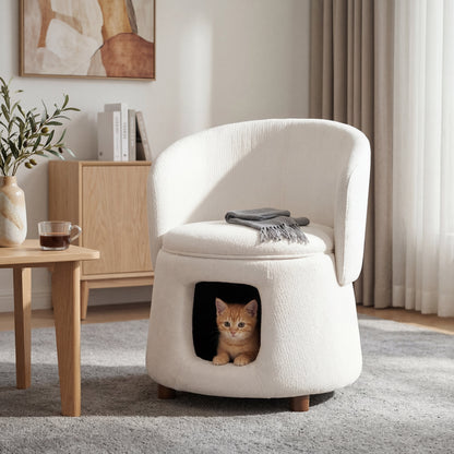 Beige Pet Friendly Chair with Hidden Pet Nook, Convertible Stool, Storage Seat