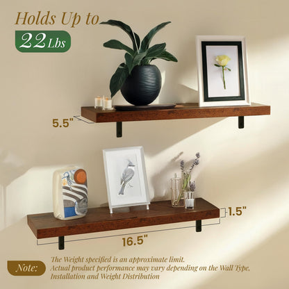 STORE INDYA Floating Shelves for Wall – Solid Wood Rustic Hanging Shelves, Wall Mounted for Bathroom, Bedroom, Living Room, Kitchen, Office, Farmhouse Decor | 16.5 Inch, Set of 2 (Rustic Brown)