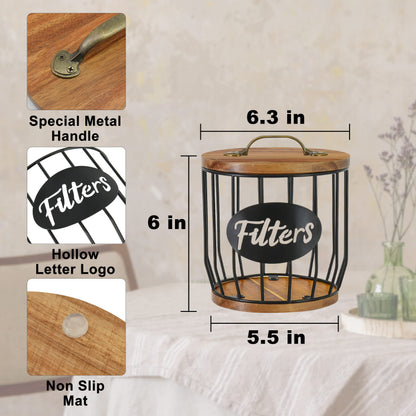 Rustic Coffee Filter Holder with Lid, Acacia Coffee Filter Holder Storage Conta