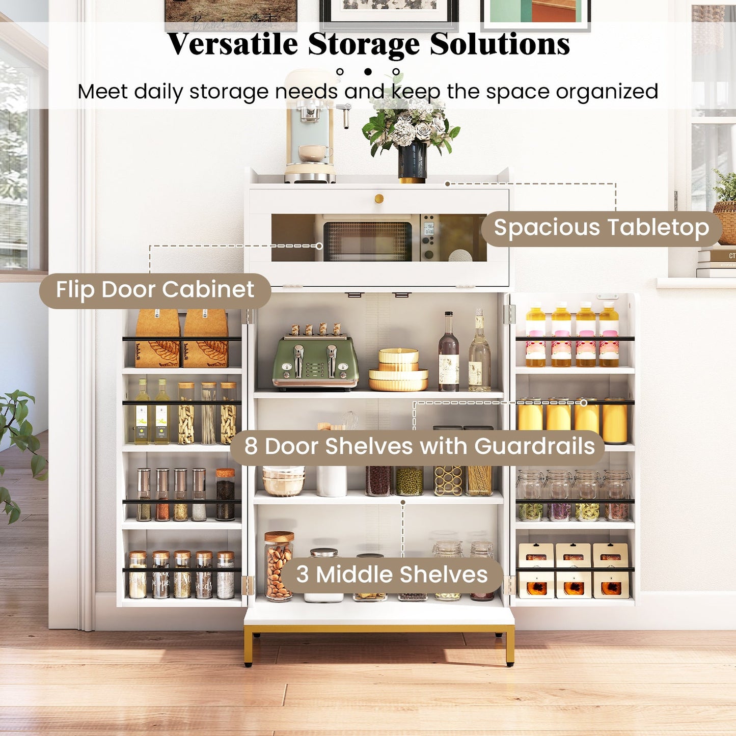 Kitchen Pantry Cabinet Freestanding Food Storage Cupboard-White