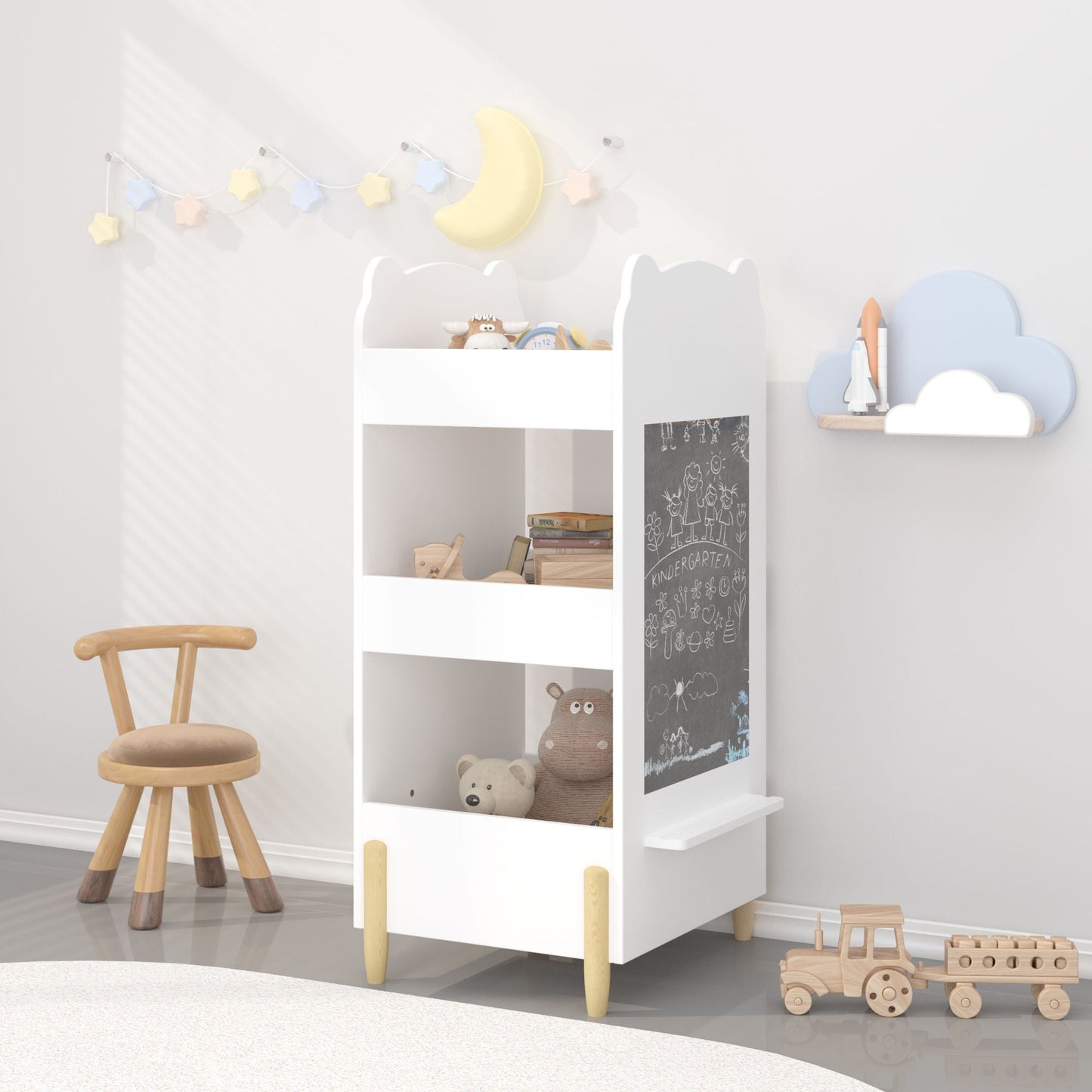 Bear Shaped Bookshelf With Chalkboard Side, 3-Tier Storage Organizer For Playroom - White