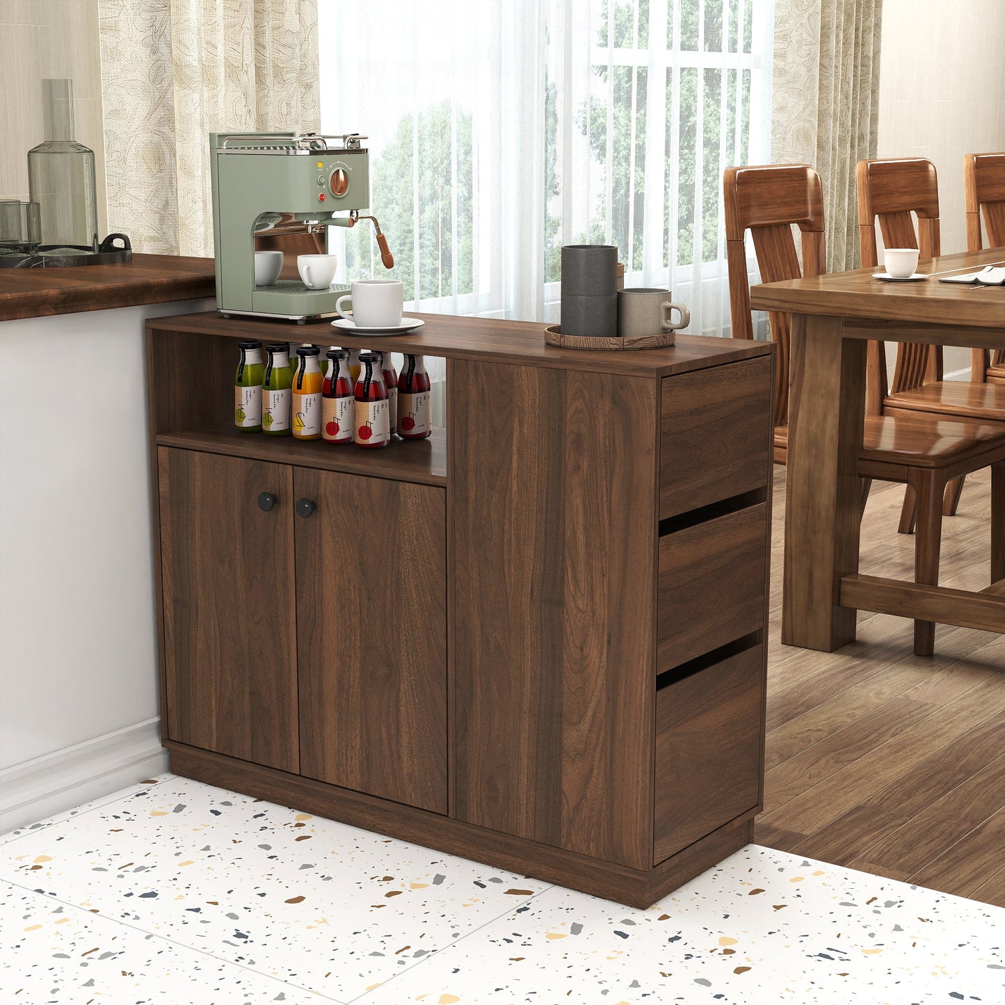 Kitchen Sideboard, Small Countertop Organizer with Sliding Glass Doors and Drawers