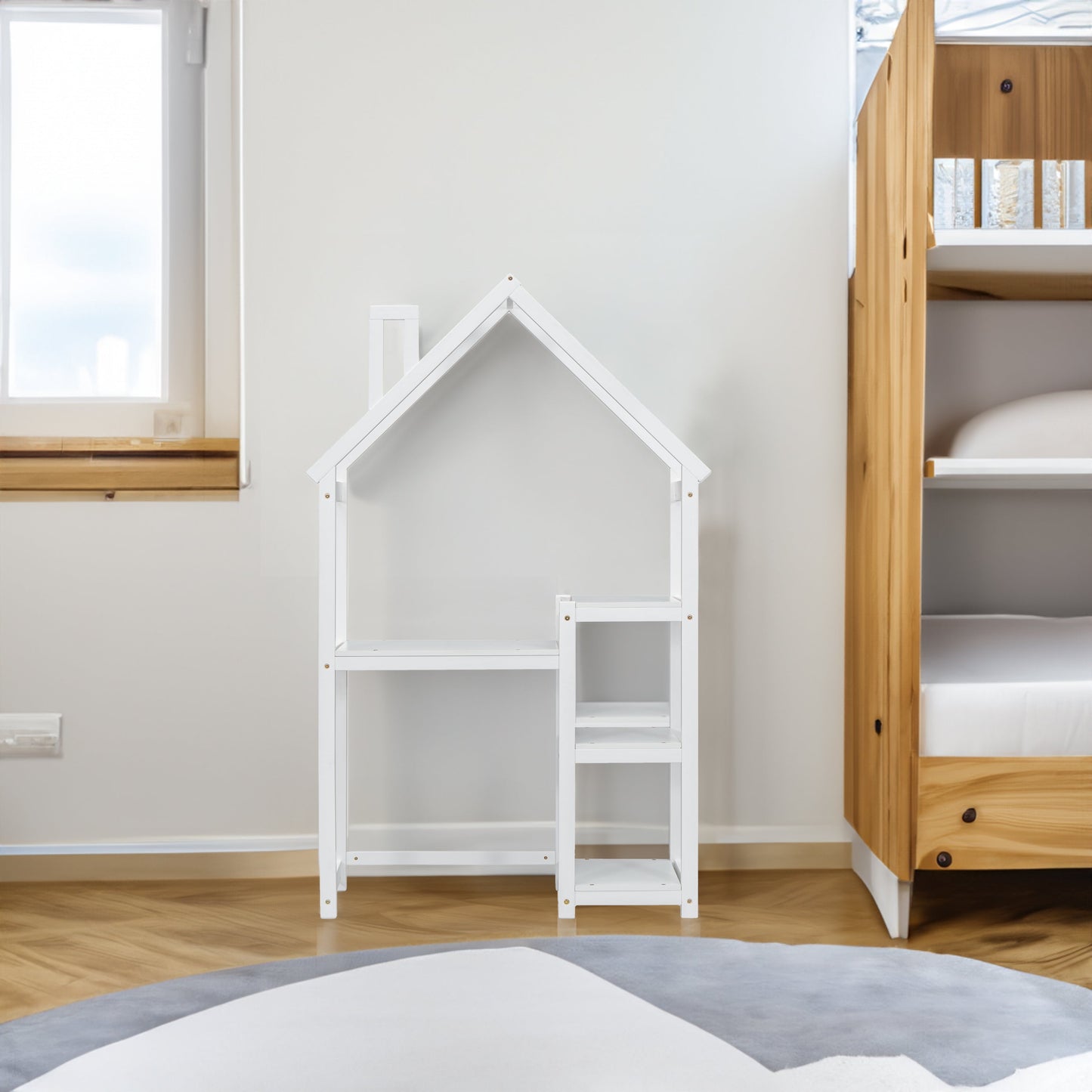 House-shaped Wooden writing Desk,Kids study Table,Bookshelf & Toy Storage,White