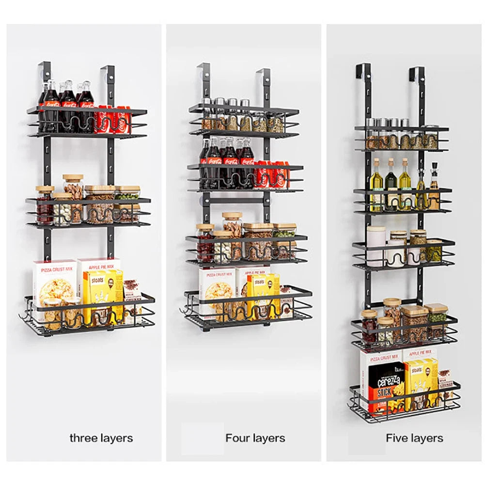 Over the Door Pantry Organizer Multi-Layer Storage Shelves Metal Hanging Spice Rack for Kitchen & Bathroom Door