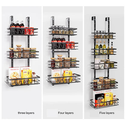 Over the Door Pantry Organizer Multi-Layer Storage Shelves Metal Hanging Spice Rack for Kitchen & Bathroom Door