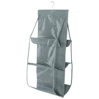 6 Pocket Hanging Handbag Organizer For Wardrobe Closet Gray Waterproof Storage Bag Door Wall Clear Sundry Bag With Hanger Pouch