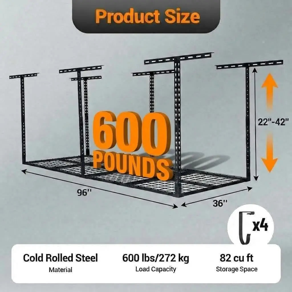 3x8 Ft 600 LBS Capacity Heavy Duty Garage Ceiling Storage Racks Height Adjustable Overhead Garage Storage Rack Organization
