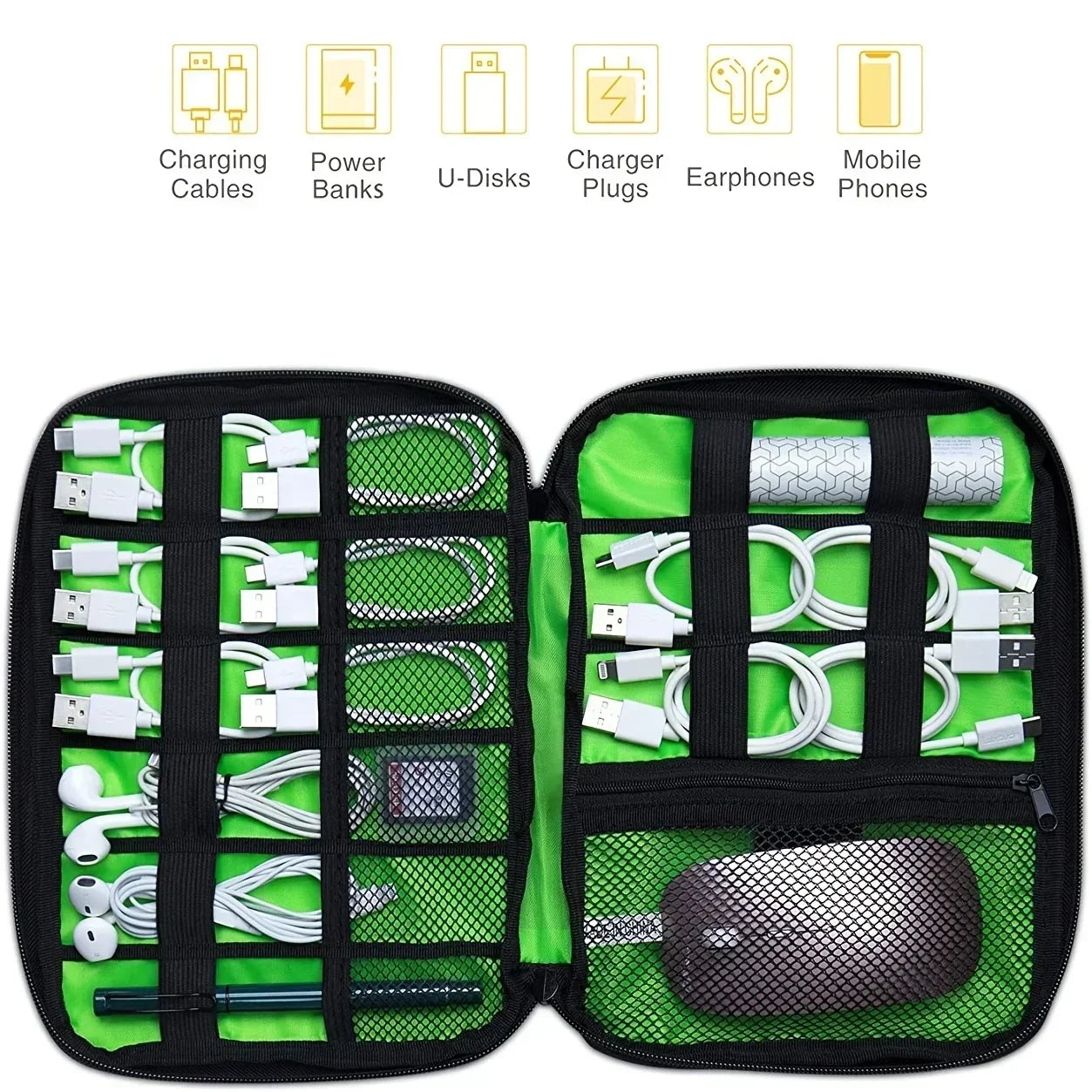 1pc Black Green Storage Bag Electronic Accessory Organizer Portable Usb Data Cable Charger Plug Travel Waterproof Organizer