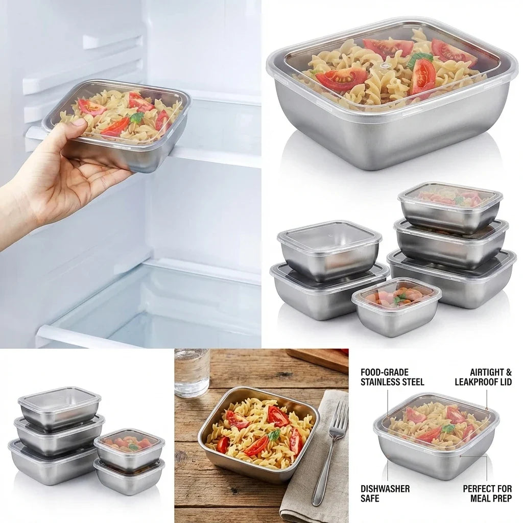 5PCS Stainless Steel Food Storage Containers Stackable Meal Prep Lunch Boxes for Kitchen Fridge Travel Kitchen Storage Solution