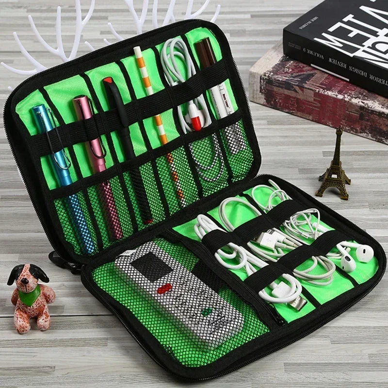 1pc Black Green Storage Bag Electronic Accessory Organizer Portable Usb Data Cable Charger Plug Travel Waterproof Organizer