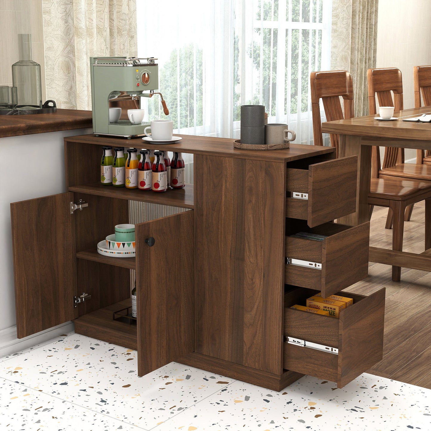 Kitchen Sideboard, Small Countertop Organizer with Sliding Glass Doors and Drawers