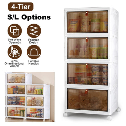 4-Tier Foldable Storage Bins with Lid Front Magnetic Door Collapsible Stackable Closet Organizer Containers with 4Pcs 360¡ Rotatable Wheels