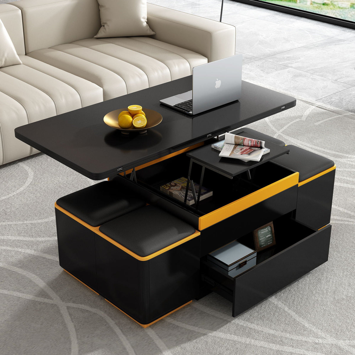 Lift Top Coffee Table With 4 Storage Stools