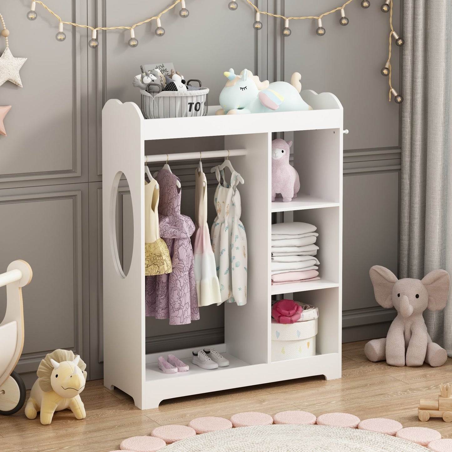 Dress Up Storage With Mirror and Hooks, Clothes Rack With Hanging Rod