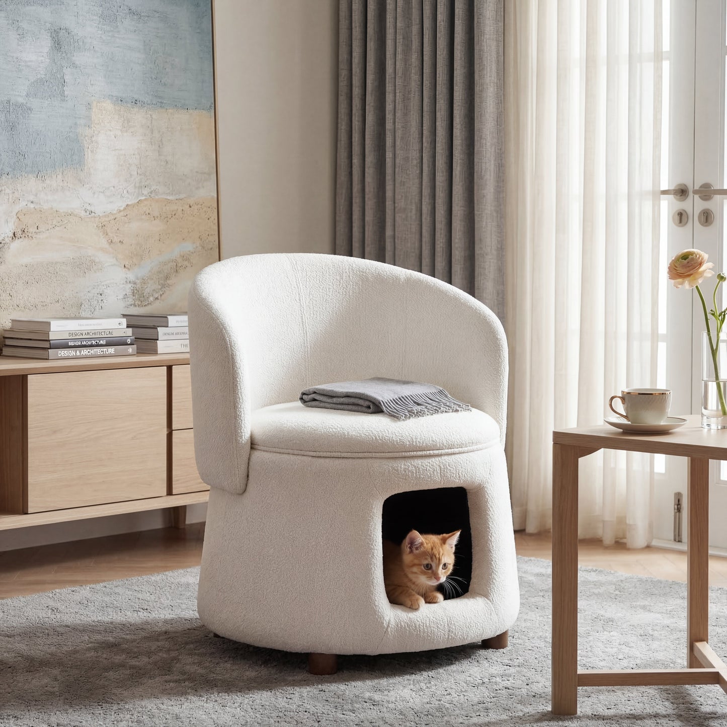 Beige Pet Friendly Chair with Hidden Pet Nook, Convertible Stool, Storage Seat