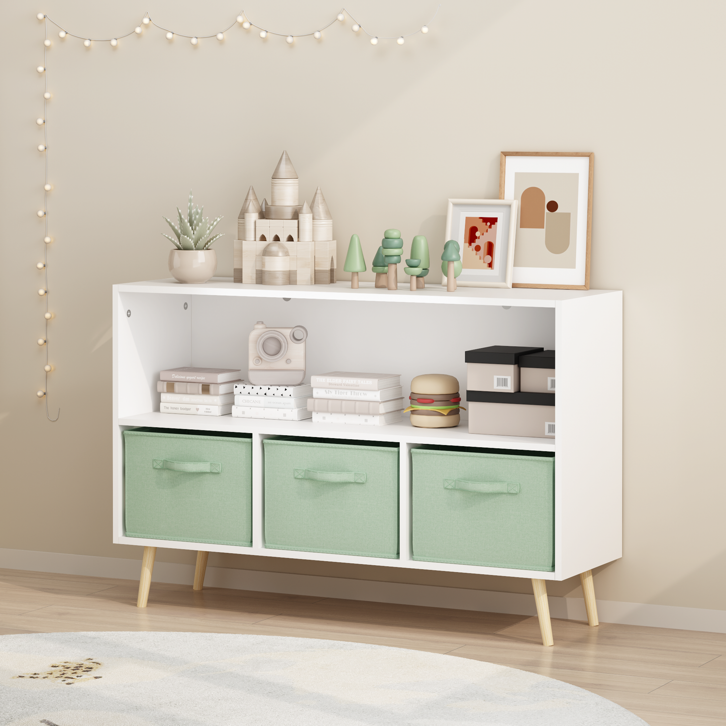 Kids Bookcase with Collapsible Fabric Drawers, Children's Book Display, Toy Storage Cabinet Organizer