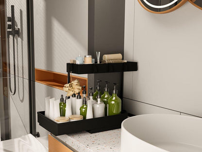 NATURE'S SOURCE 2 Pack 2 Tier Under Sink Organizer with 4 Hooks Black LIKE NEW