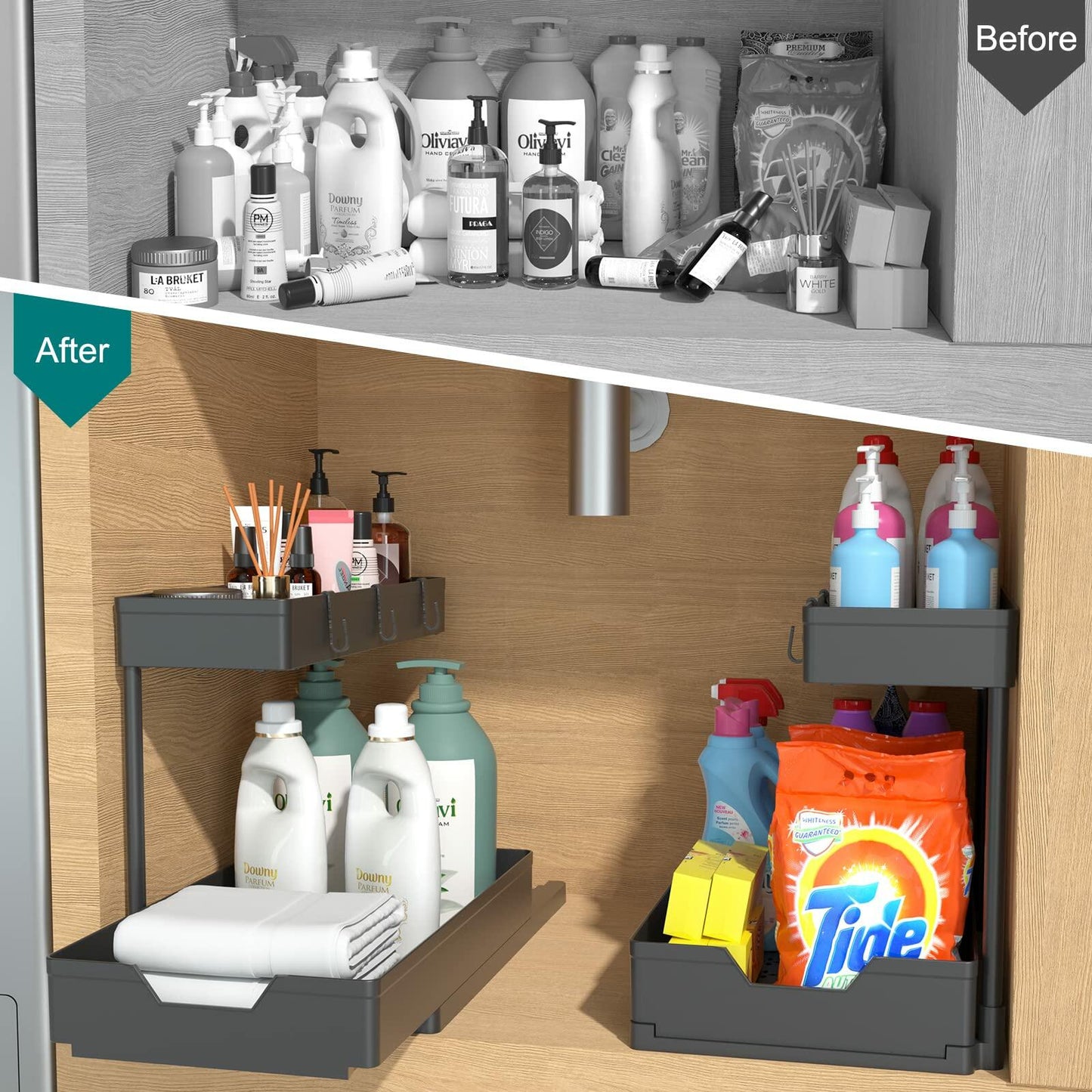NATURE'S SOURCE 2 Pack 2 Tier Under Sink Organizer with 4 Hooks Black LIKE NEW