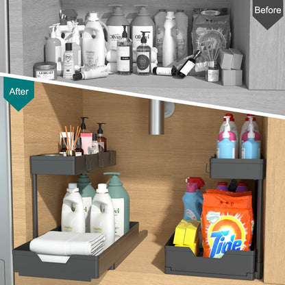 NATURE'S SOURCE 2 Pack 2 Tier Under Sink Organizer with 4 Hooks Black LIKE NEW