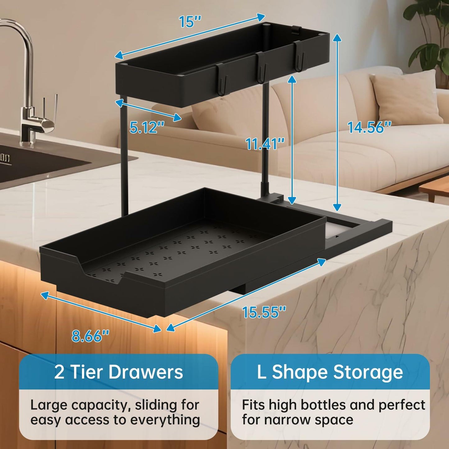 NATURE'S SOURCE 2 Pack 2 Tier Under Sink Organizer with 4 Hooks Black LIKE NEW