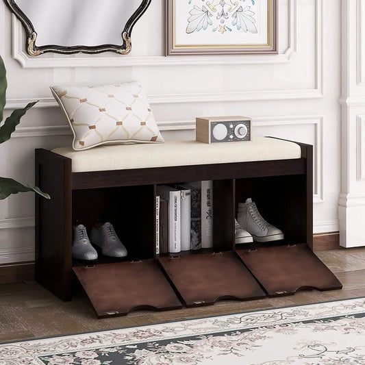 Storage Bench with Removable Cushion and 3 Flip Lock Storage Cubbies