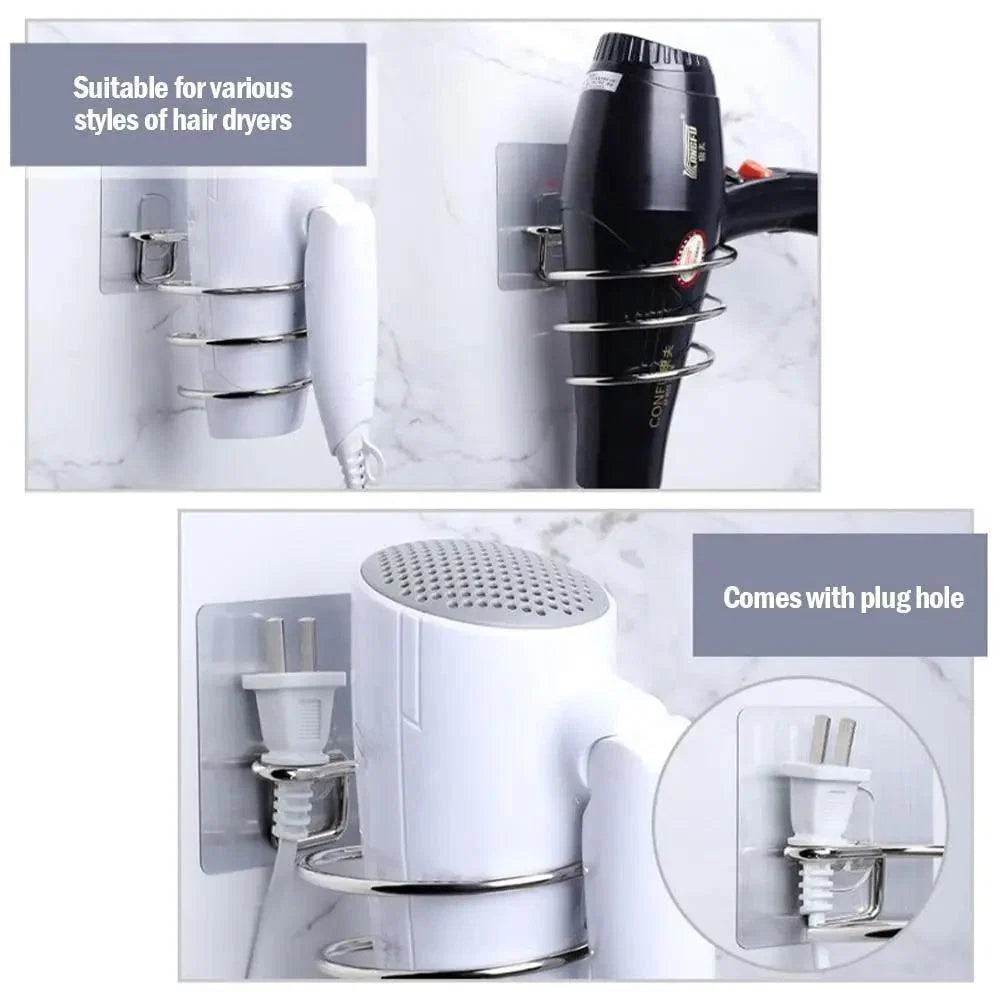 Unique Designed Hair Dryer Holder Blower Organizer Adhesive Wall Mounted Nail Free No Drilling Stainless Steel Stand Tool For Bathroom Bedroom