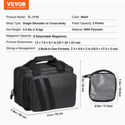 Range Bag for 2 Pistols, Tactical Gun Bag with 2 Built-in Removable Pistol Bags & 6 Detachable Magazines, Gun Range Bag for Outdoor Hunting Shooting, Lockable Carrying Handgun Bag Case